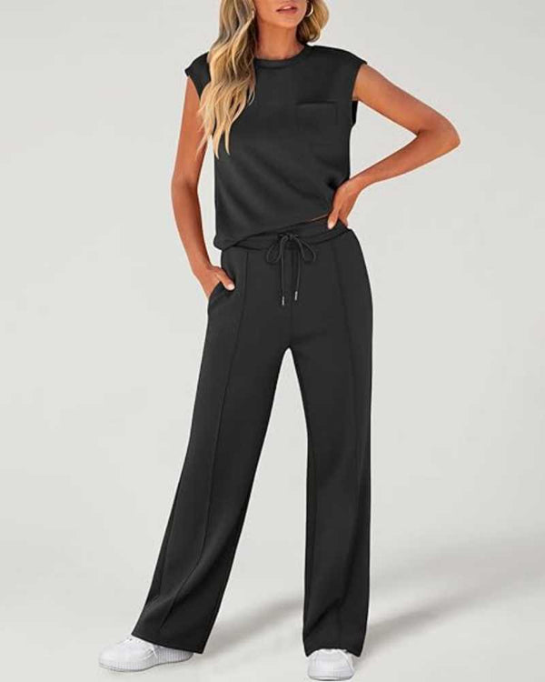 🏆Women's Solid Tank Top & Drawstring Waist Wide Leg Pants Two-piece Set