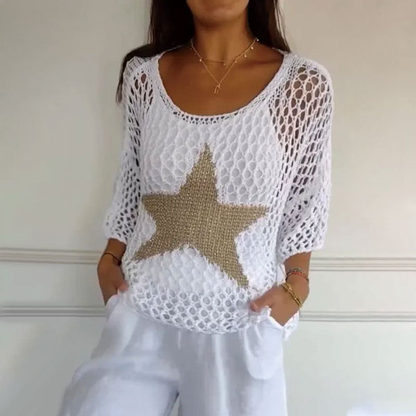 💝Women's Fashion Round Neck Crochet Knit Fishnet Top